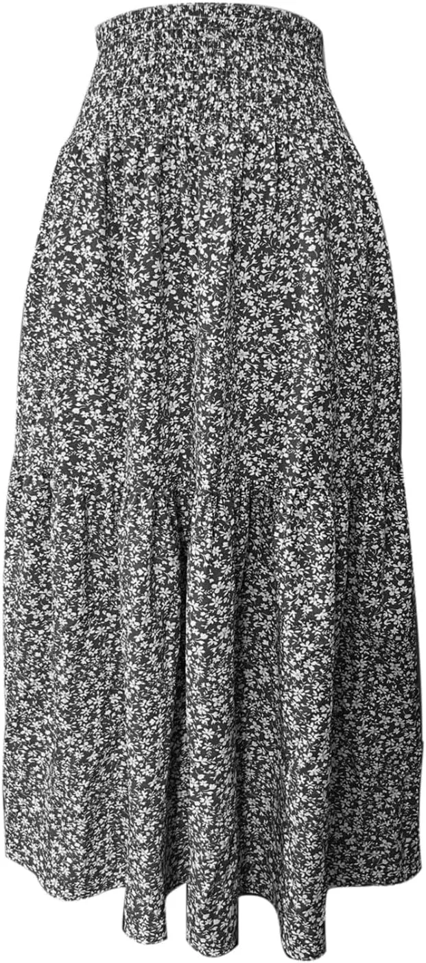 Floral Print Skirt for Womens High Waisted Elasic Cotton Bboho Skirts Casual Flowy Swing Pleated A-Line Maxi Skirt