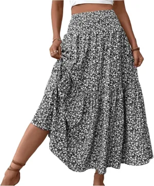 Floral Print Skirt for Womens High Waisted Elasic Cotton Bboho Skirts Casual Flowy Swing Pleated A-Line Maxi Skirt