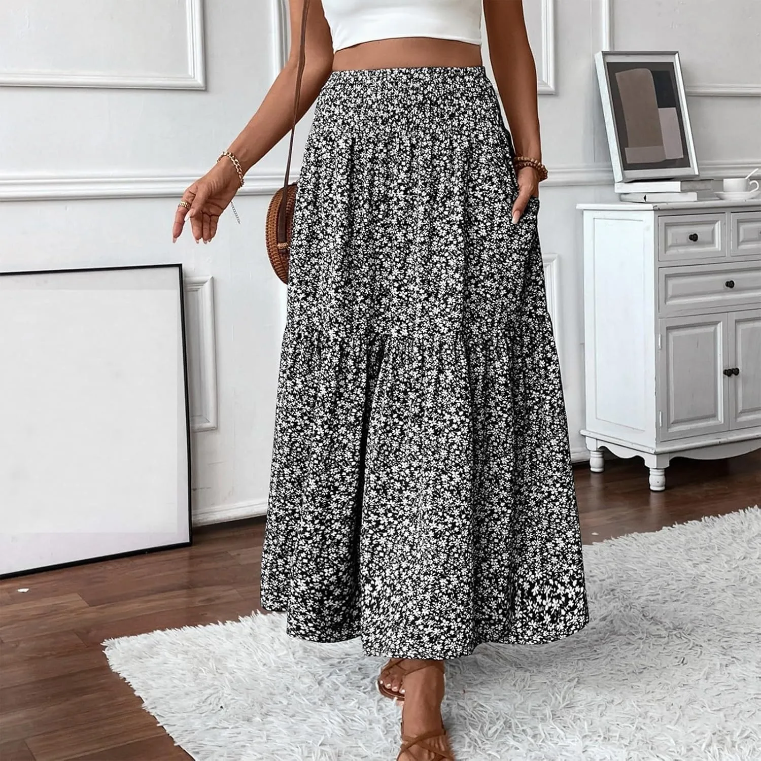 Floral Print Skirt for Womens High Waisted Elasic Cotton Bboho Skirts Casual Flowy Swing Pleated A-Line Maxi Skirt