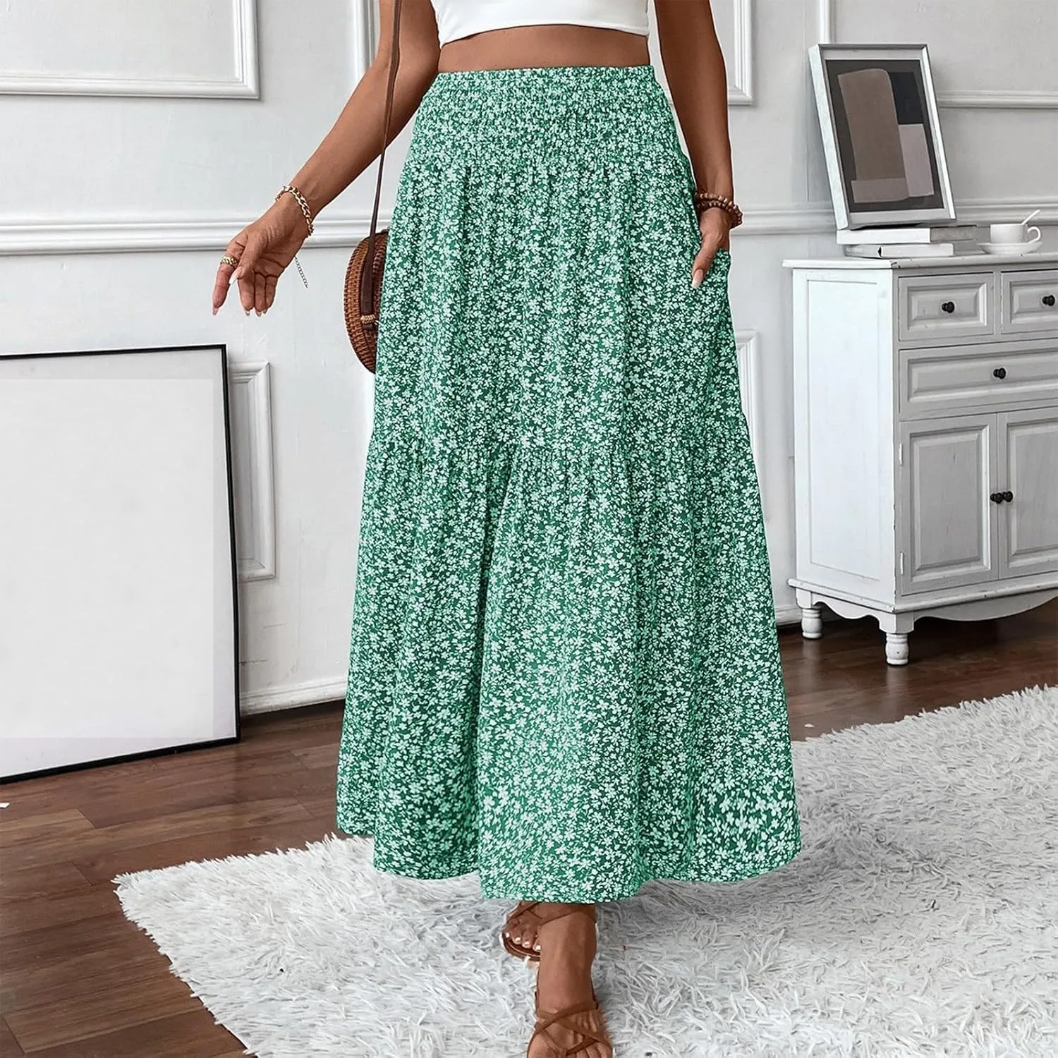 Floral Print Skirt for Womens High Waisted Elasic Cotton Bboho Skirts Casual Flowy Swing Pleated A-Line Maxi Skirt