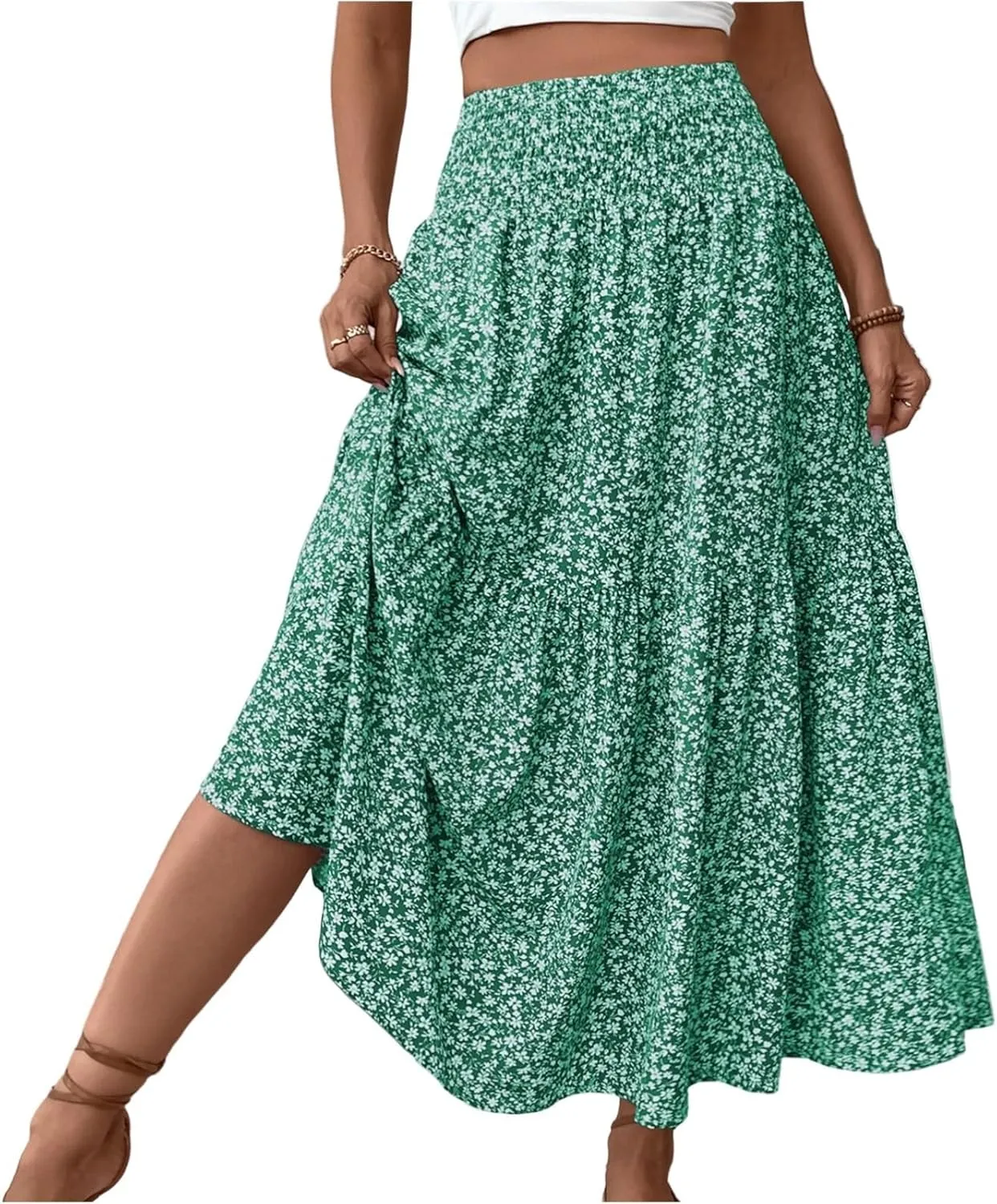 Floral Print Skirt for Womens High Waisted Elasic Cotton Bboho Skirts Casual Flowy Swing Pleated A-Line Maxi Skirt