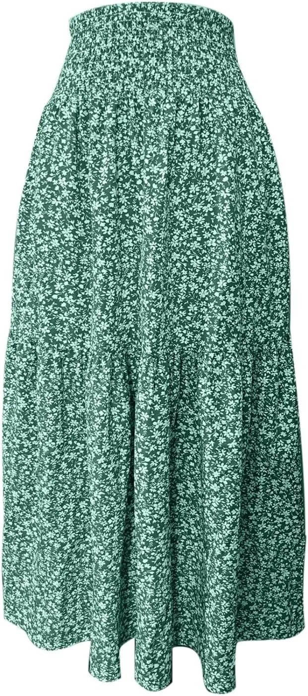 Floral Print Skirt for Womens High Waisted Elasic Cotton Bboho Skirts Casual Flowy Swing Pleated A-Line Maxi Skirt