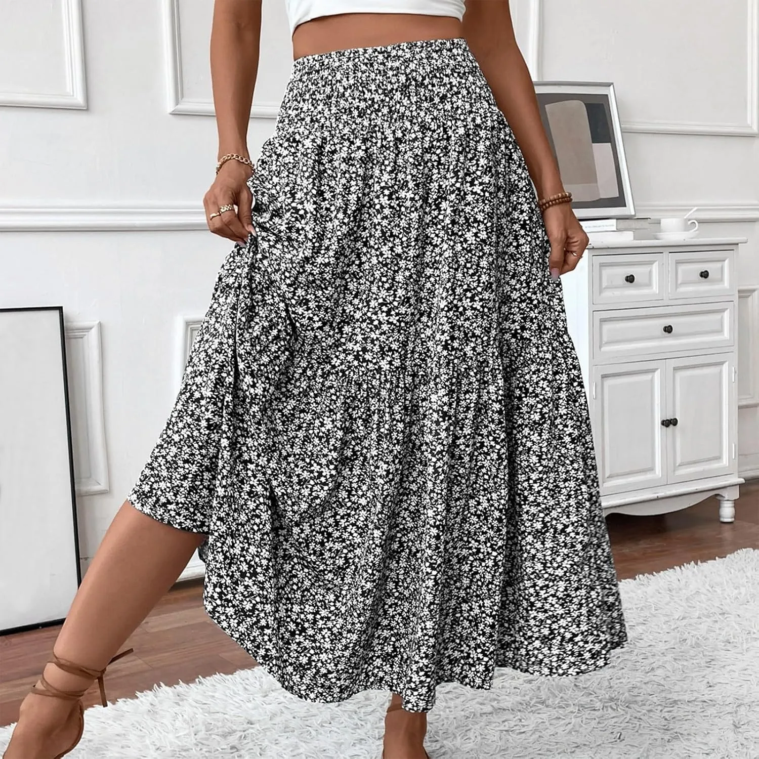 Floral Print Skirt for Womens High Waisted Elasic Cotton Bboho Skirts Casual Flowy Swing Pleated A-Line Maxi Skirt