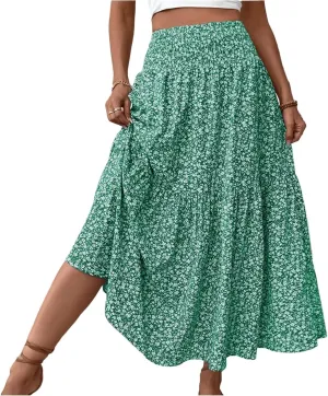 Floral Print Skirt for Womens High Waisted Elasic Cotton Bboho Skirts Casual Flowy Swing Pleated A-Line Maxi Skirt