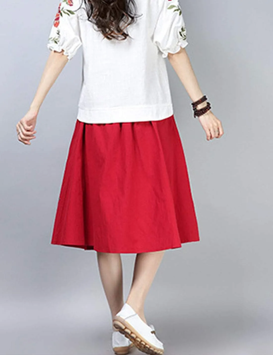 Flygo Women's High Waisted Back Elastic A-Line Pleated Swing Midi Linen Skirt W/Pockets