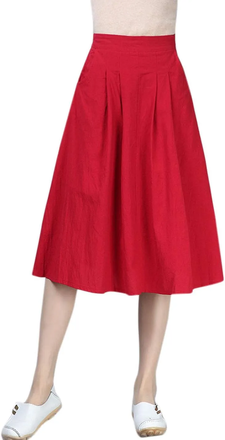 Flygo Women's High Waisted Back Elastic A-Line Pleated Swing Midi Linen Skirt W/Pockets