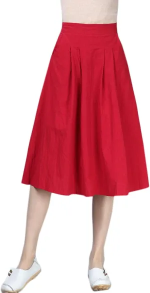Flygo Women's High Waisted Back Elastic A-Line Pleated Swing Midi Linen Skirt W/Pockets