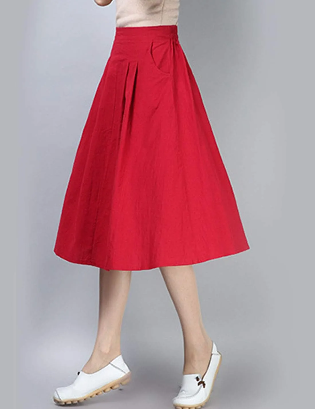 Flygo Women's High Waisted Back Elastic A-Line Pleated Swing Midi Linen Skirt W/Pockets
