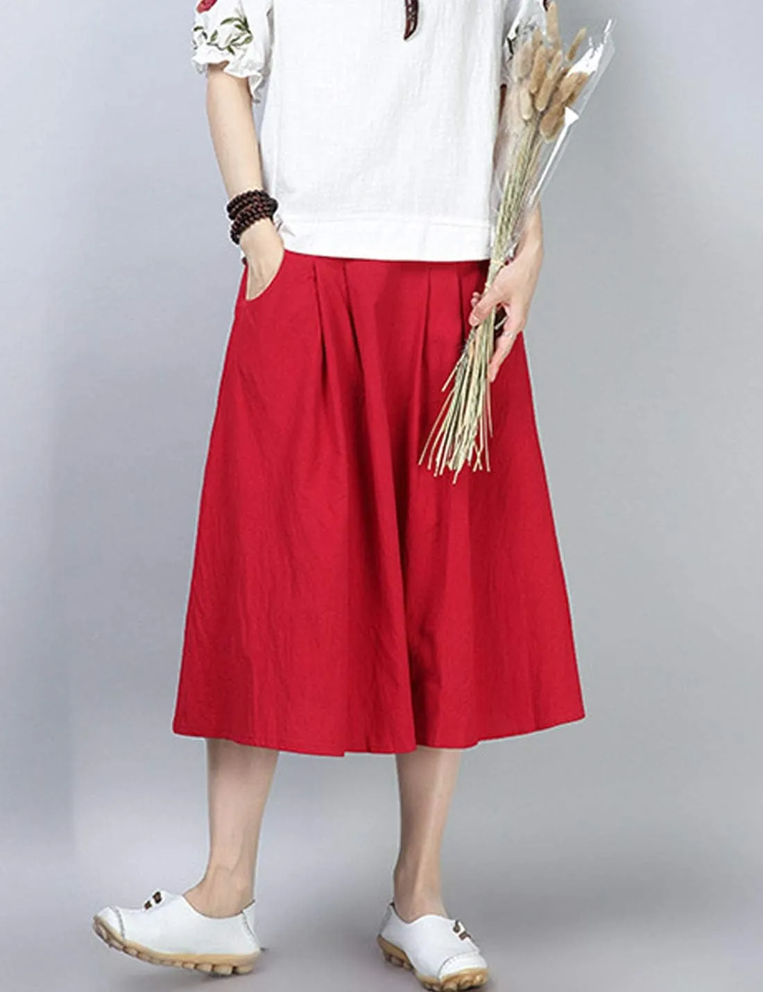 Flygo Women's High Waisted Back Elastic A-Line Pleated Swing Midi Linen Skirt W/Pockets