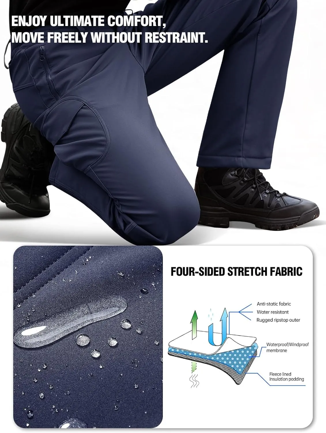 FREE SOLDIER Men's Outdoor Softshell Fleece Lined Cargo Pants Snow Ski Hiking Pants with Belt