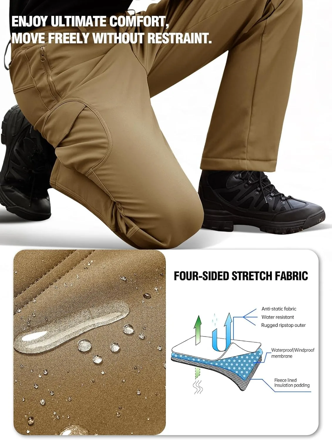 FREE SOLDIER Men's Outdoor Softshell Fleece Lined Cargo Pants Snow Ski Hiking Pants with Belt
