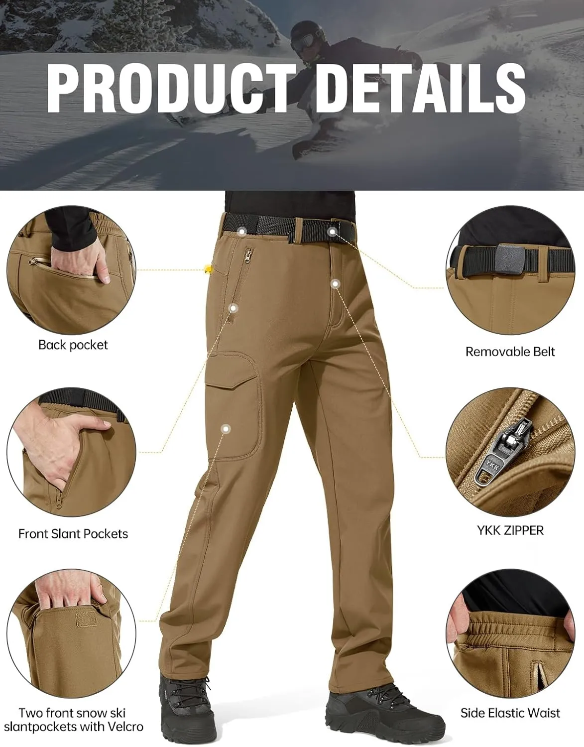 FREE SOLDIER Men's Outdoor Softshell Fleece Lined Cargo Pants Snow Ski Hiking Pants with Belt