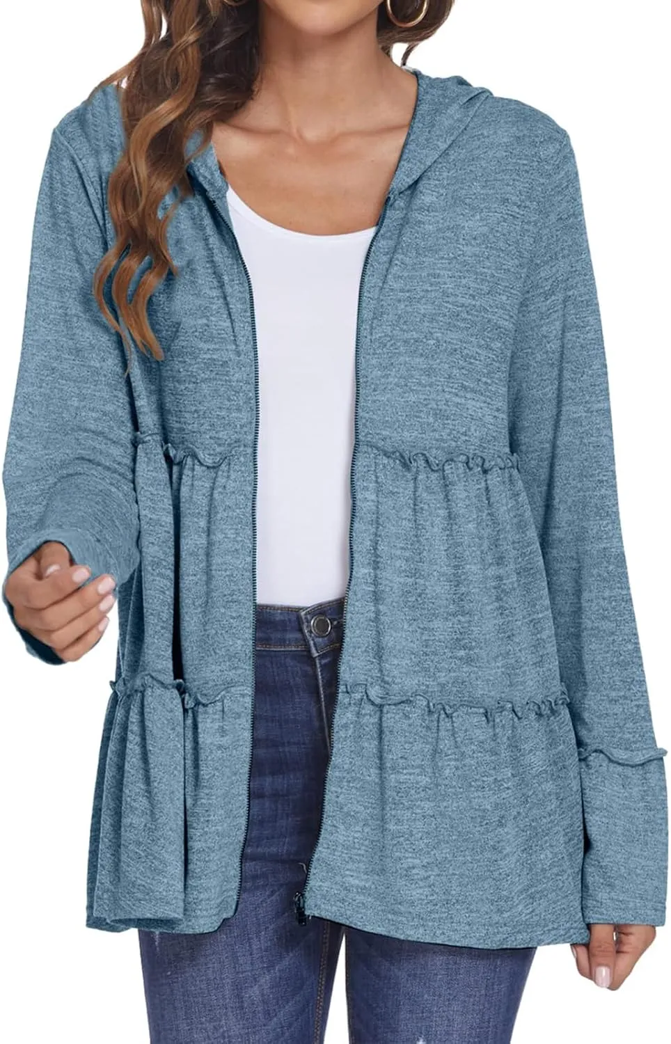 Full Zip Up Hoodie Women Pleated Tiered Ruffle Hooded Sweatshirt Lightweight Open Front Cardigan Coat Casual Jacket