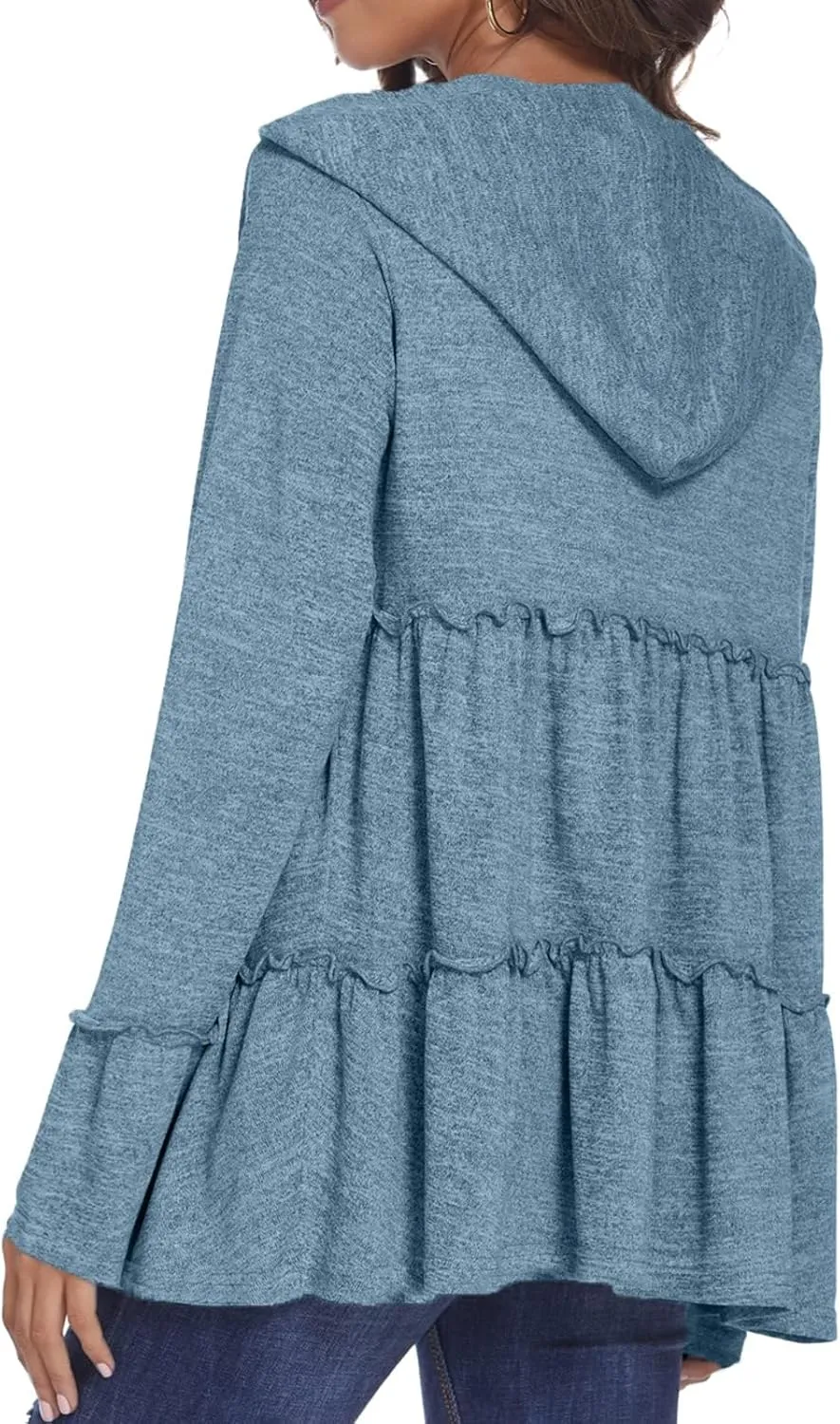 Full Zip Up Hoodie Women Pleated Tiered Ruffle Hooded Sweatshirt Lightweight Open Front Cardigan Coat Casual Jacket