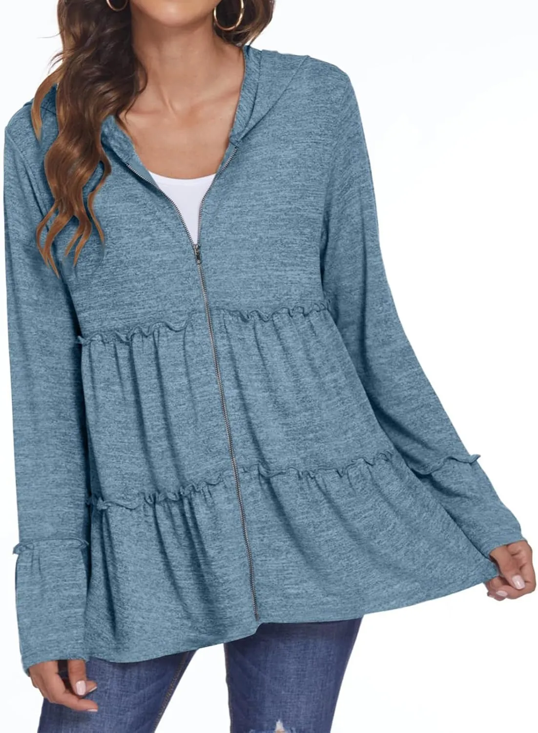 Full Zip Up Hoodie Women Pleated Tiered Ruffle Hooded Sweatshirt Lightweight Open Front Cardigan Coat Casual Jacket