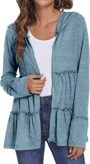 Full Zip Up Hoodie Women Pleated Tiered Ruffle Hooded Sweatshirt Lightweight Open Front Cardigan Coat Casual Jacket