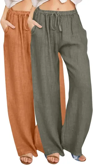 FZYLQY 2 Pcs Women's Linen Pants Casual Wide Leg High Waisted Trousers with Pockets Drawstring Loose Palazzo Lounge Pants