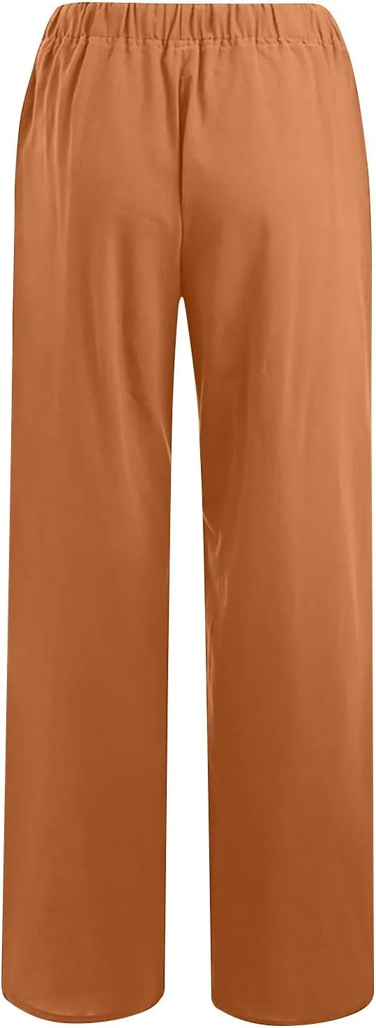 FZYLQY 2 Pcs Women's Linen Pants Casual Wide Leg High Waisted Trousers with Pockets Drawstring Loose Palazzo Lounge Pants