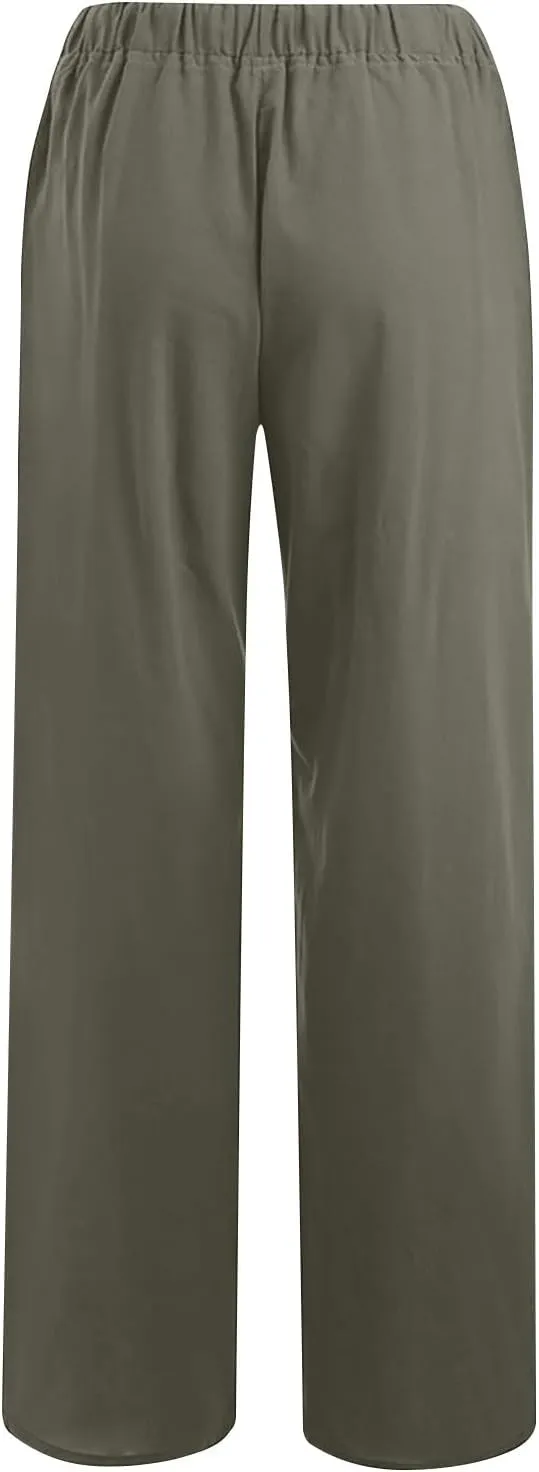 FZYLQY 2 Pcs Women's Linen Pants Casual Wide Leg High Waisted Trousers with Pockets Drawstring Loose Palazzo Lounge Pants