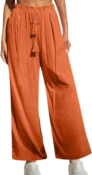 FZYLQY 2025 Cotton Linen Pants Women Drawstring Elastic Waist Wide Leg Trousers with Pockets Ladies Casual Boho Pants