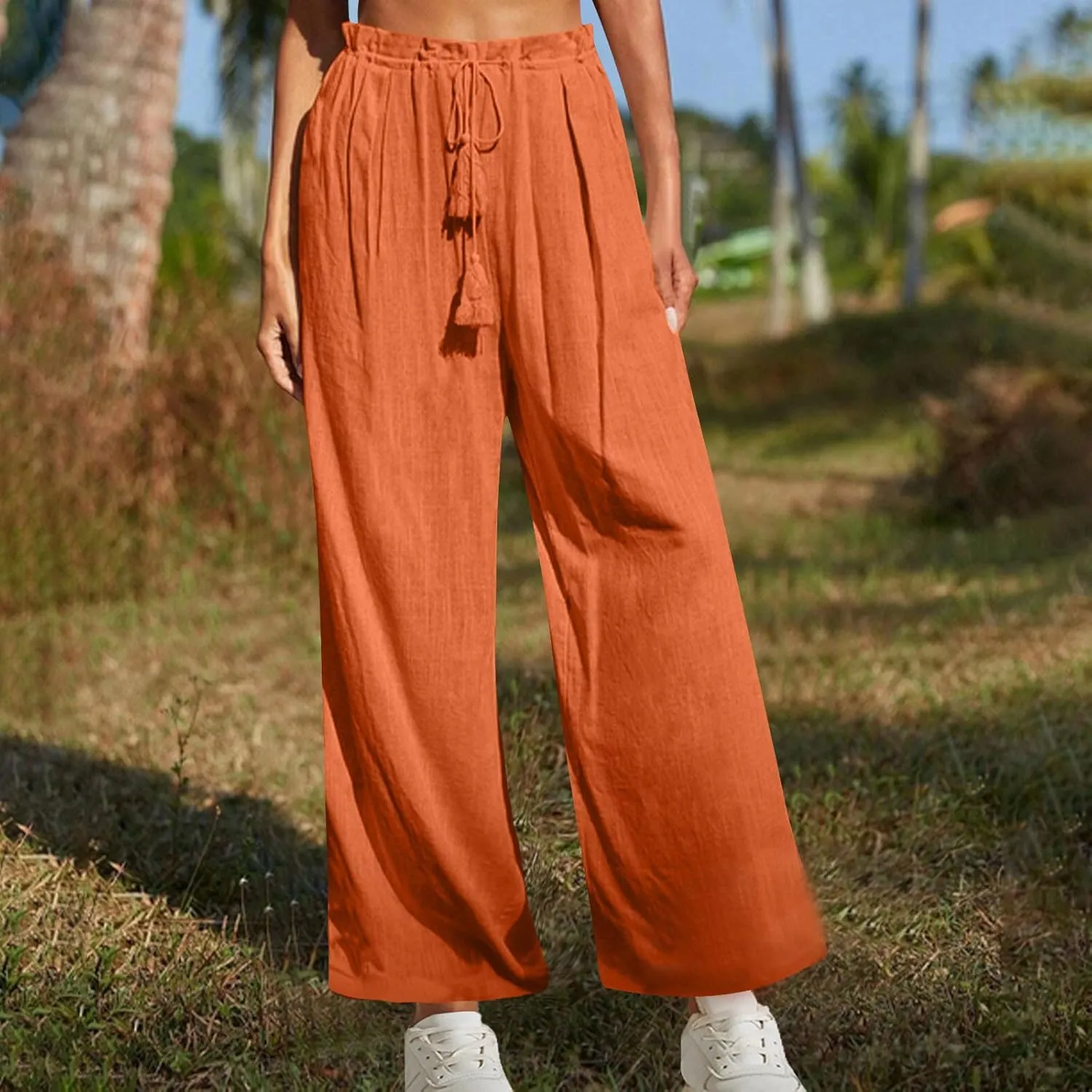 FZYLQY 2025 Cotton Linen Pants Women Drawstring Elastic Waist Wide Leg Trousers with Pockets Ladies Casual Boho Pants