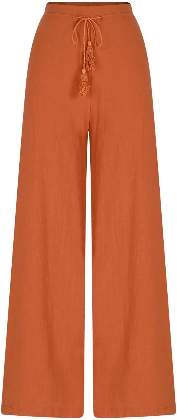 FZYLQY 2025 Cotton Linen Pants Women Drawstring Elastic Waist Wide Leg Trousers with Pockets Ladies Casual Boho Pants