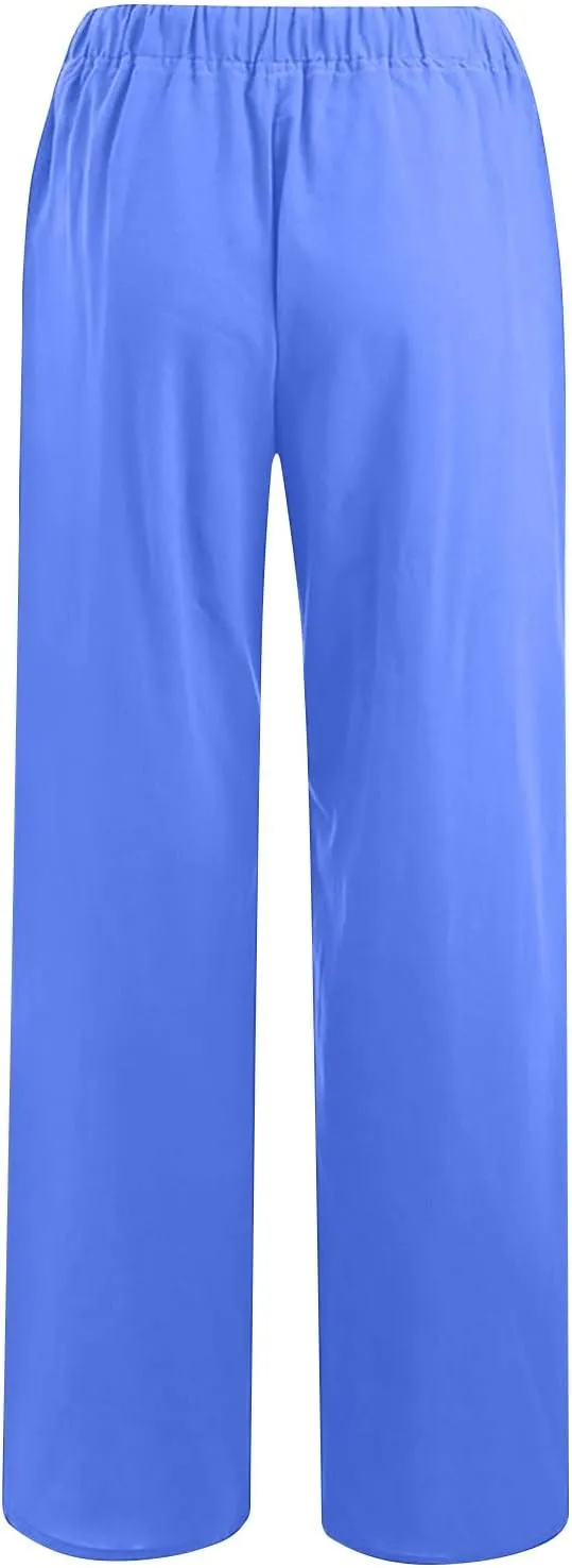FZYLQY Womens Linen Pants with Pockets Summer Casual High Waisted Lounge Baggy Wide Leg Pants Beach Vacation Trousers