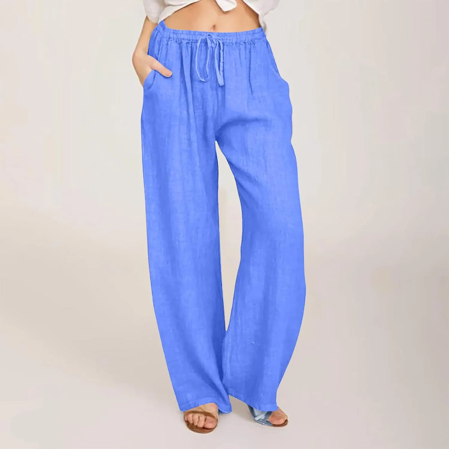 FZYLQY Womens Linen Pants with Pockets Summer Casual High Waisted Lounge Baggy Wide Leg Pants Beach Vacation Trousers