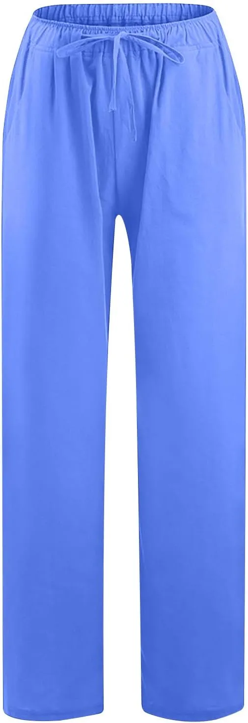 FZYLQY Womens Linen Pants with Pockets Summer Casual High Waisted Lounge Baggy Wide Leg Pants Beach Vacation Trousers