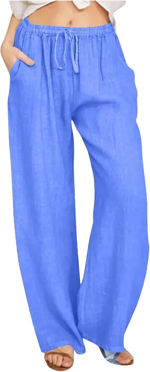 FZYLQY Womens Linen Pants with Pockets Summer Casual High Waisted Lounge Baggy Wide Leg Pants Beach Vacation Trousers