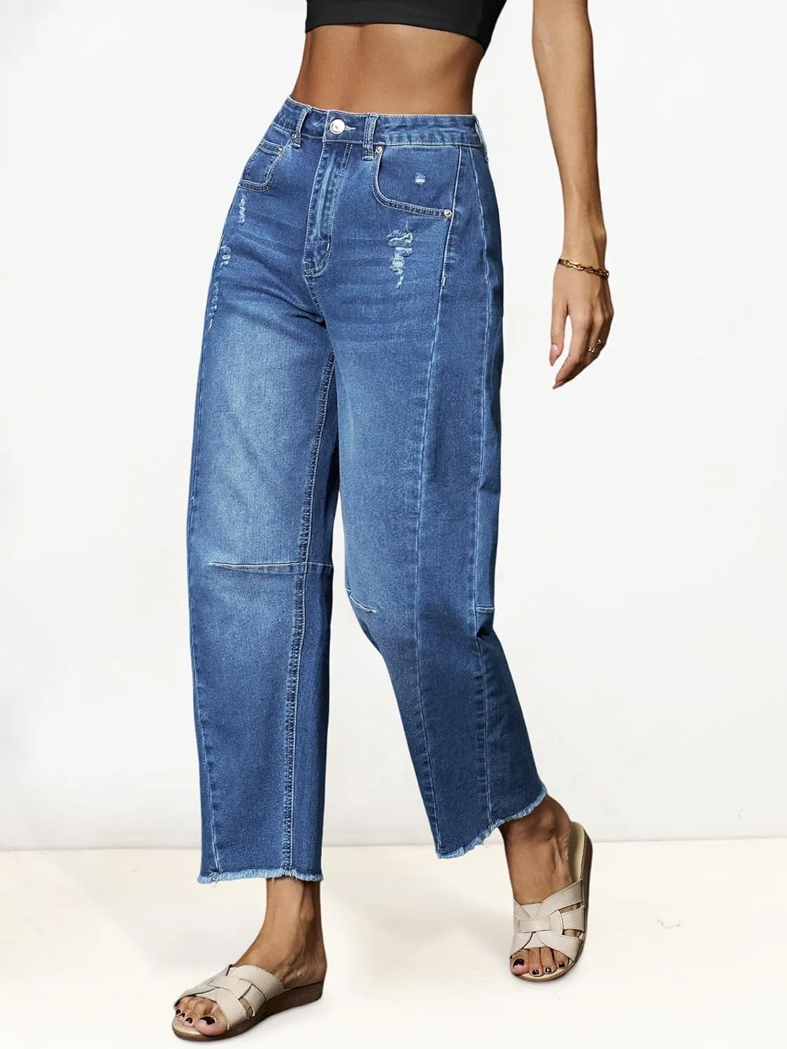 Genleck Barrel Jeans Women Wide Leg - Vintage Baggy Ripped Jeans Y2k Boyfriend Ankle Denim Pants