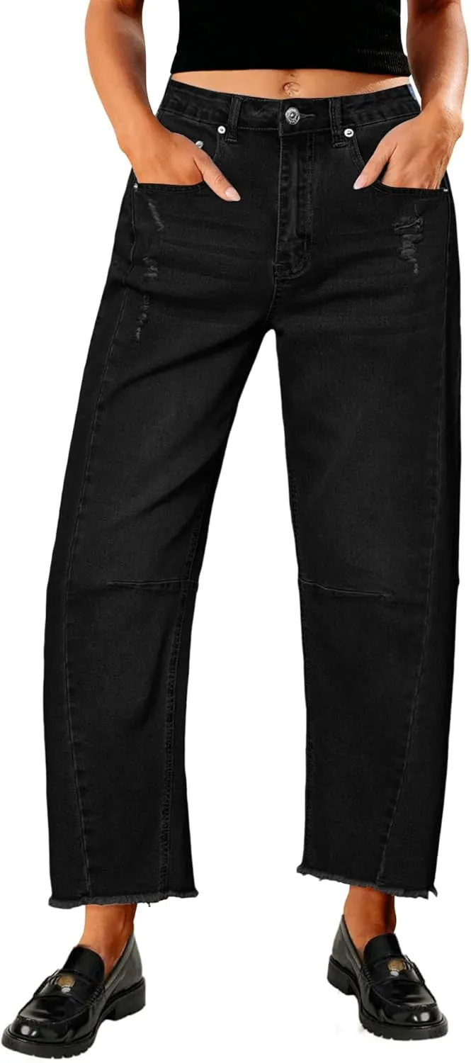 Genleck Barrel Jeans Women Wide Leg - Vintage Baggy Ripped Jeans Y2k Boyfriend Ankle Denim Pants