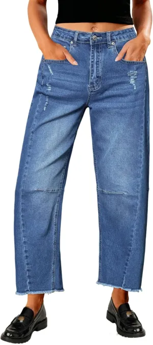 Genleck Barrel Jeans Women Wide Leg - Vintage Baggy Ripped Jeans Y2k Boyfriend Ankle Denim Pants