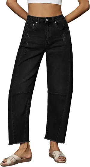 Genleck Barrel Jeans Women Wide Leg - Vintage Baggy Ripped Jeans Y2k Boyfriend Ankle Denim Pants