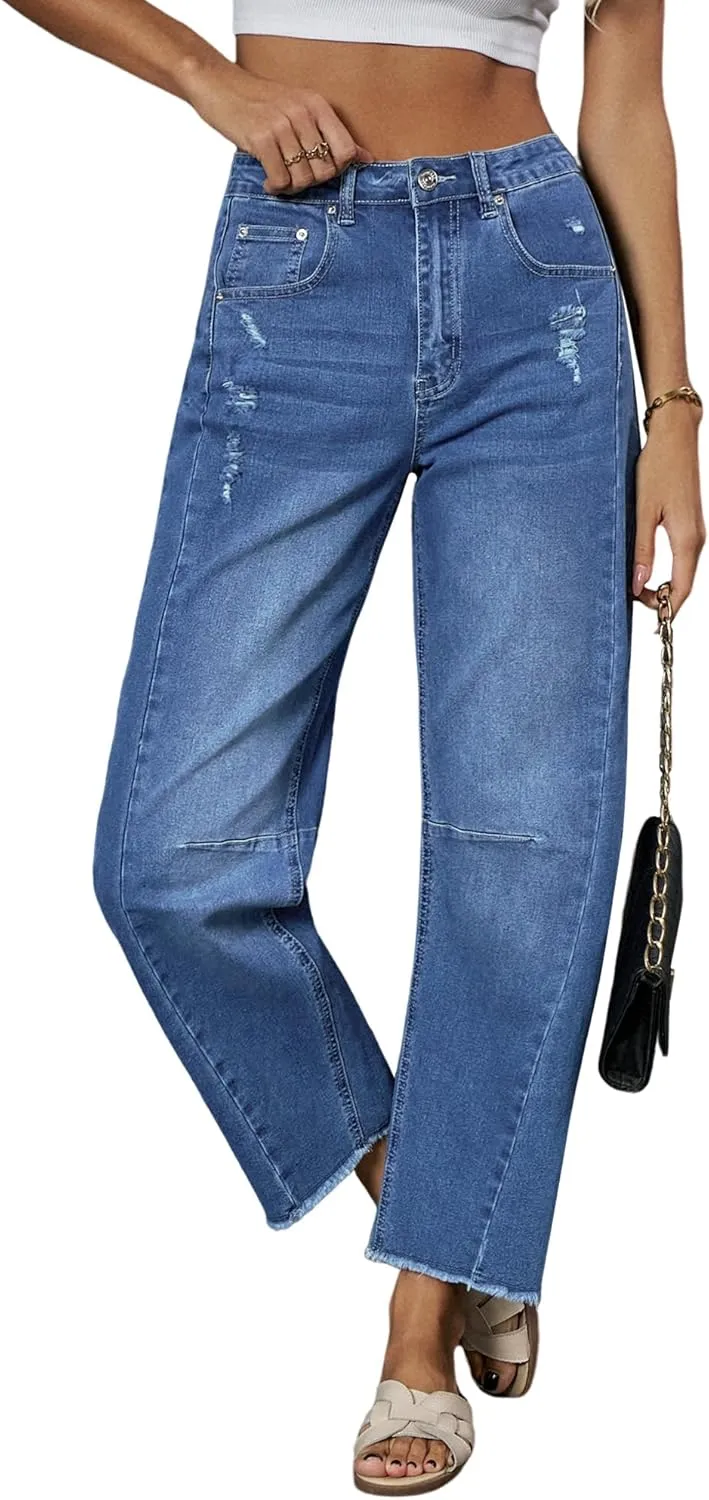 Genleck Barrel Jeans Women Wide Leg - Vintage Baggy Ripped Jeans Y2k Boyfriend Ankle Denim Pants