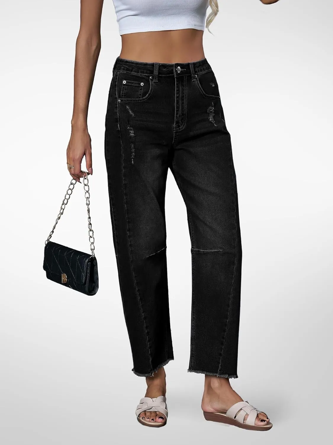 Genleck Barrel Jeans Women Wide Leg - Vintage Baggy Ripped Jeans Y2k Boyfriend Ankle Denim Pants