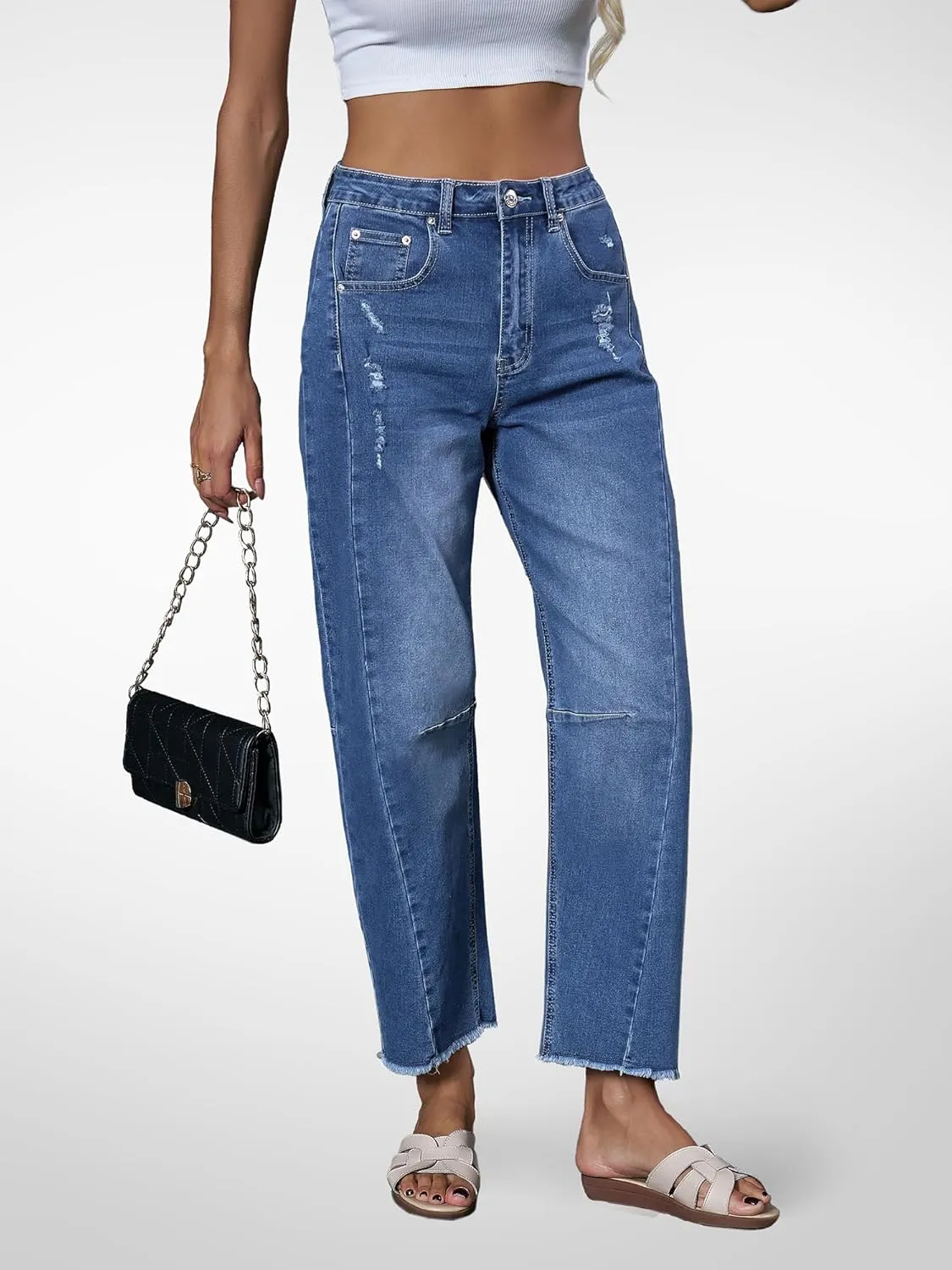 Genleck Barrel Jeans Women Wide Leg - Vintage Baggy Ripped Jeans Y2k Boyfriend Ankle Denim Pants