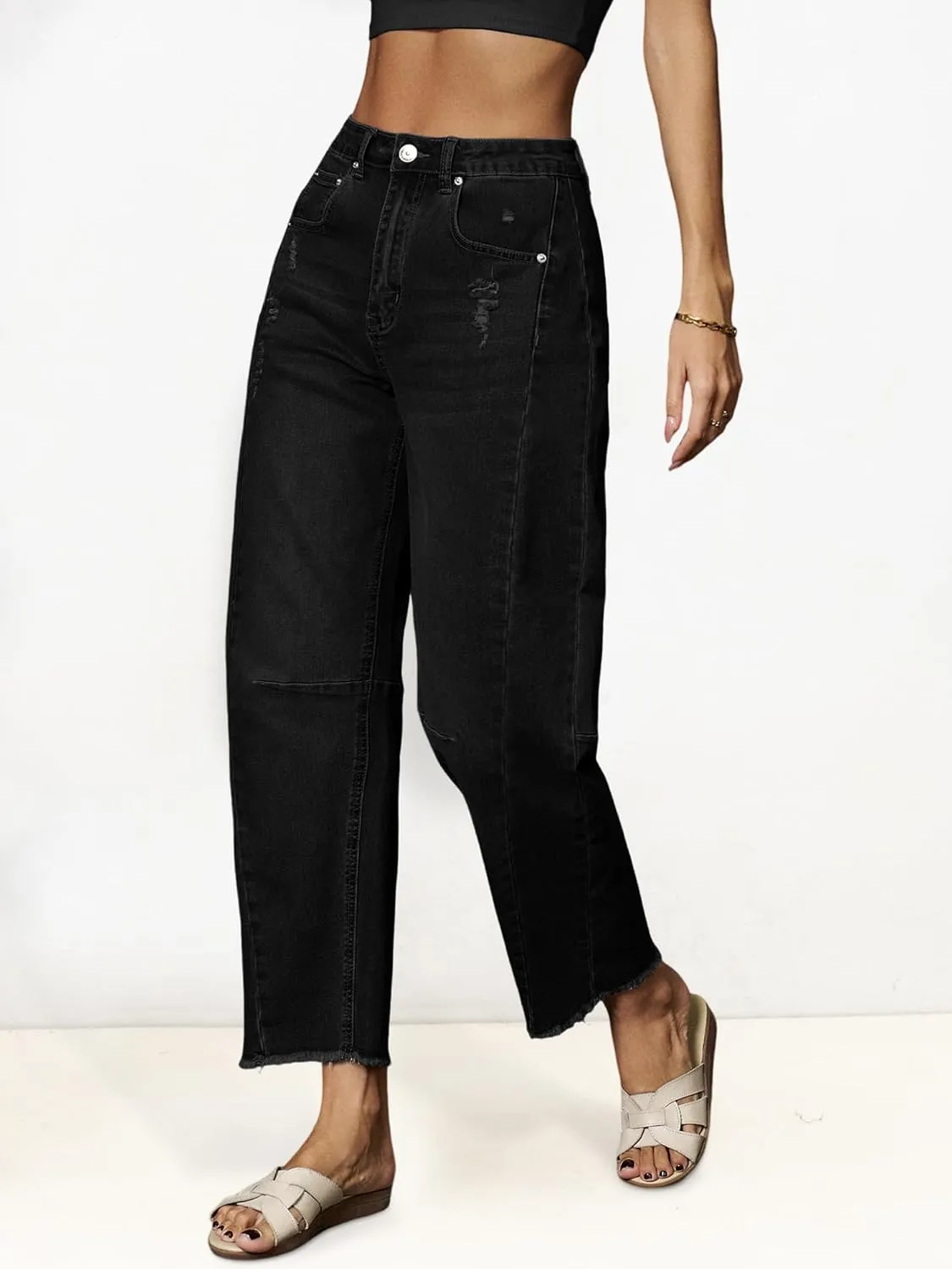 Genleck Barrel Jeans Women Wide Leg - Vintage Baggy Ripped Jeans Y2k Boyfriend Ankle Denim Pants