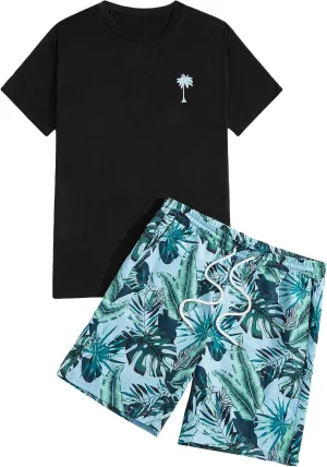 GORGLITTER Men's 2 Piece Short Sleeve Graphic Tee Hawaiian Printed Drawstring Shorts Set