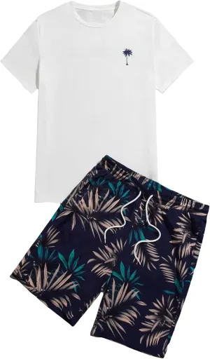 GORGLITTER Men's 2 Piece Short Sleeve Graphic Tee Hawaiian Printed Drawstring Shorts Set