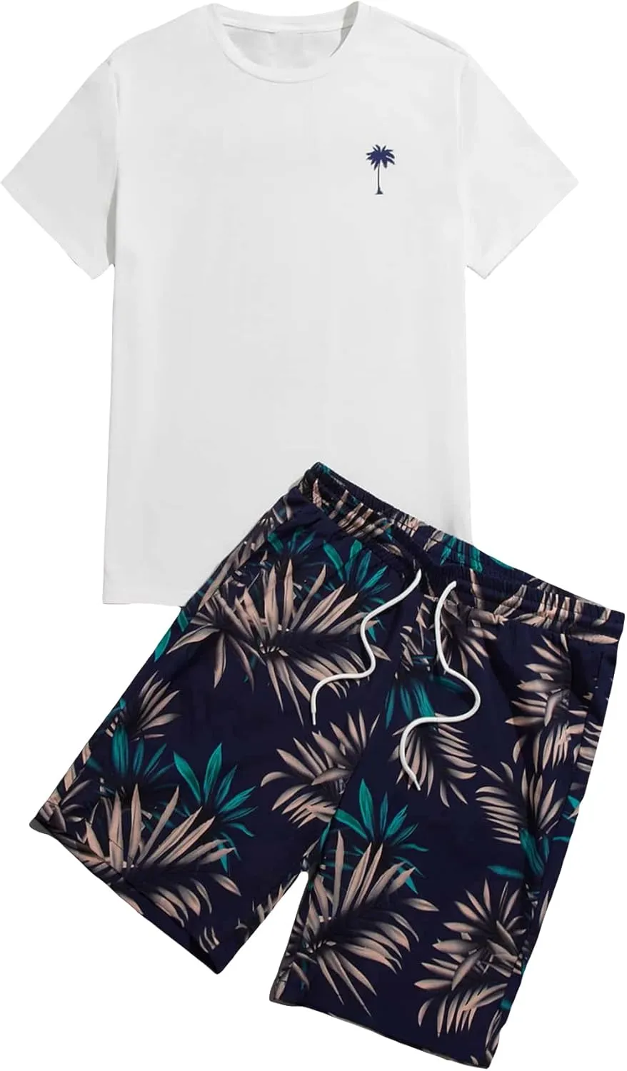 GORGLITTER Men's 2 Piece Short Sleeve Graphic Tee Hawaiian Printed Drawstring Shorts Set