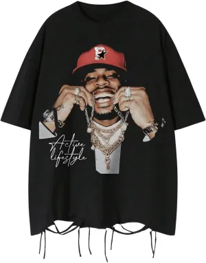 GORGLITTER Men's Graphic Tee Oversized Fringe Crewneck Short Sleeve Y2K T Shirt