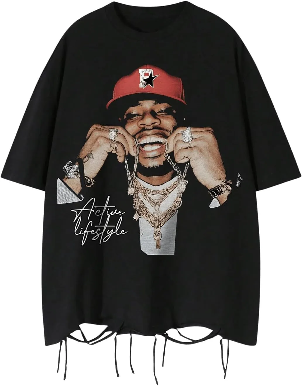 GORGLITTER Men's Graphic Tee Oversized Fringe Crewneck Short Sleeve Y2K T Shirt