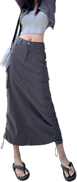Gothic Women's Half Skirt Work Dress Pocket Denim Half Skirt Drawstring Adjustable Length A-line Long Skirt