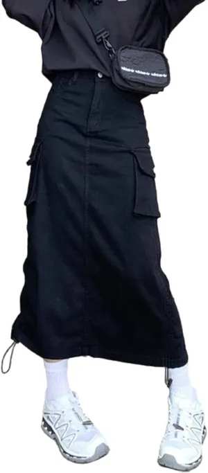 Gothic Women's Half Skirt Work Dress Pocket Denim Half Skirt Drawstring Adjustable Length A-line Long Skirt