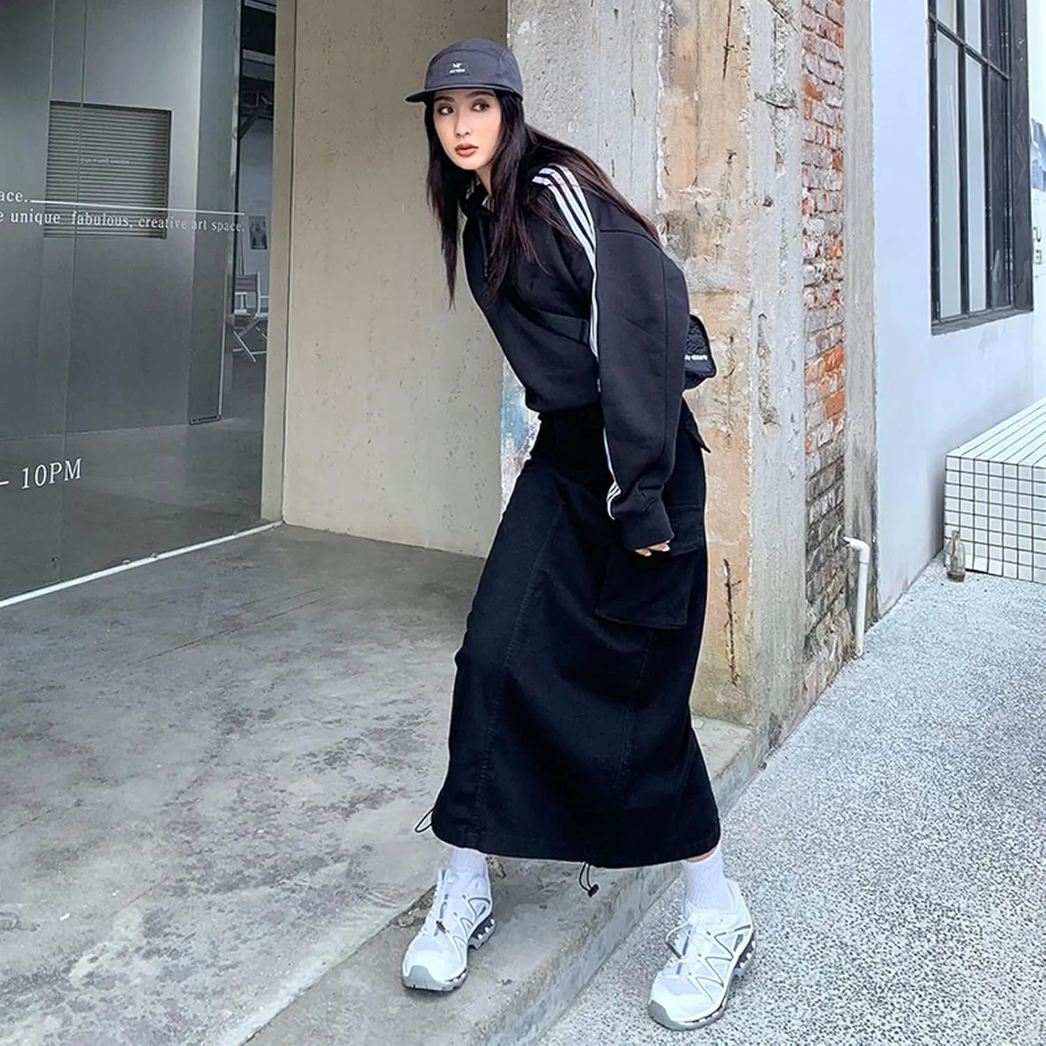 Gothic Women's Half Skirt Work Dress Pocket Denim Half Skirt Drawstring Adjustable Length A-line Long Skirt