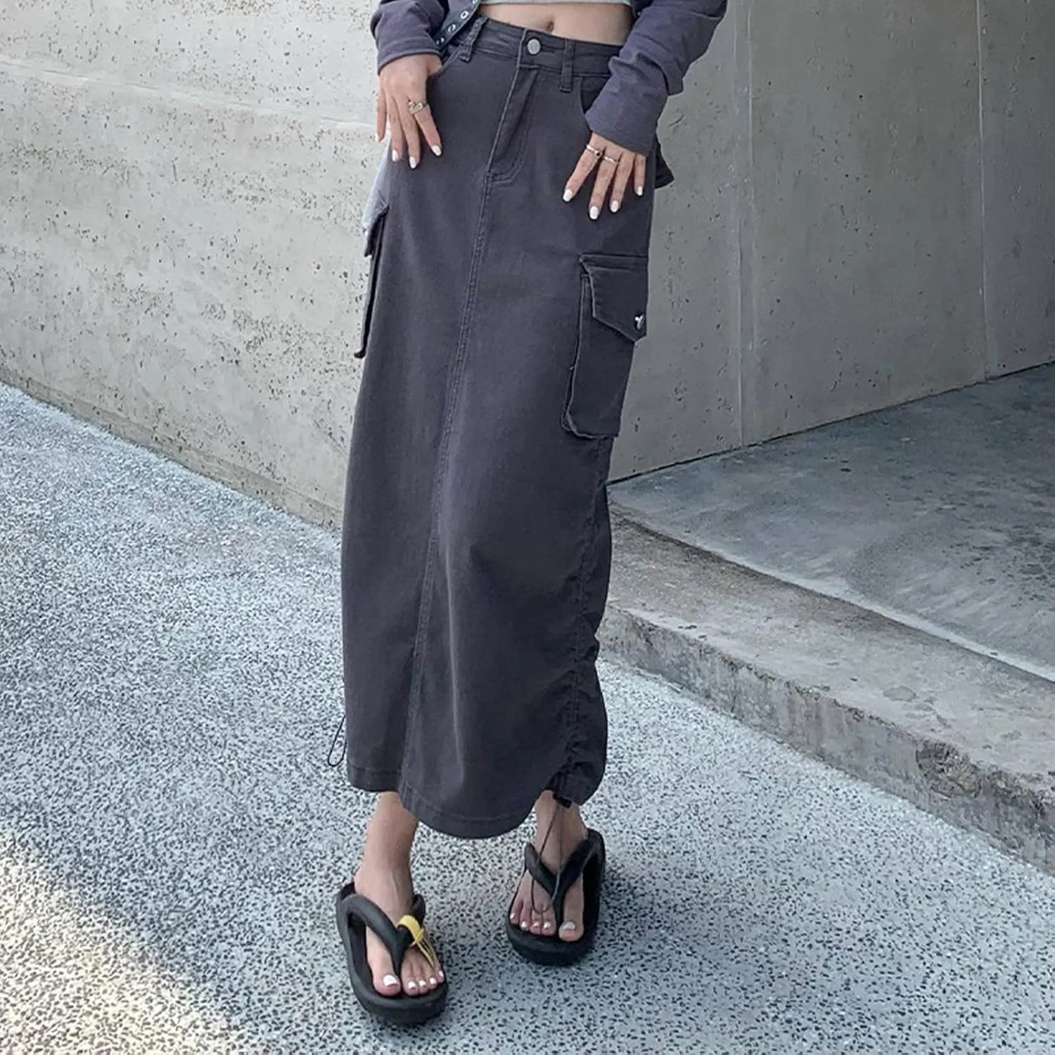 Gothic Women's Half Skirt Work Dress Pocket Denim Half Skirt Drawstring Adjustable Length A-line Long Skirt