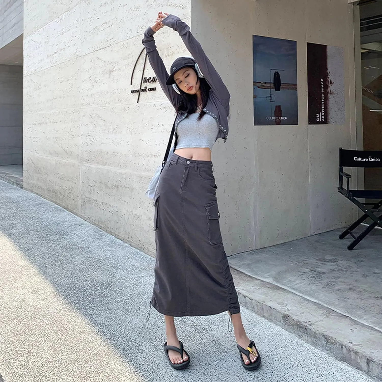 Gothic Women's Half Skirt Work Dress Pocket Denim Half Skirt Drawstring Adjustable Length A-line Long Skirt