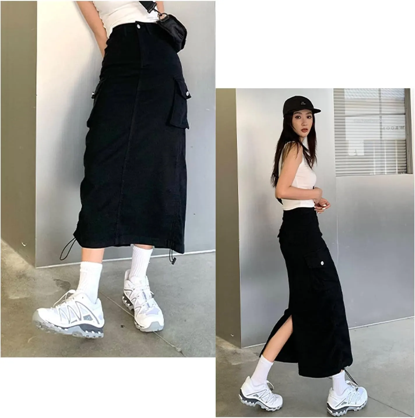 Gothic Women's Half Skirt Work Dress Pocket Denim Half Skirt Drawstring Adjustable Length A-line Long Skirt