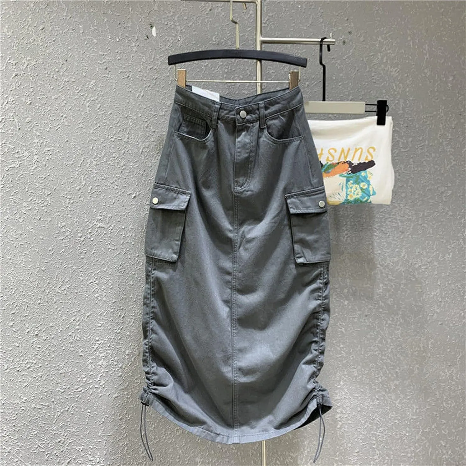 Gothic Women's Half Skirt Work Dress Pocket Denim Half Skirt Drawstring Adjustable Length A-line Long Skirt